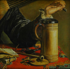 Oil painting detail of a copy of Man Tuning his Lute