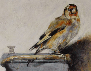 A detail of an oil painting copy of the Goldfinch by Carel Fabritius