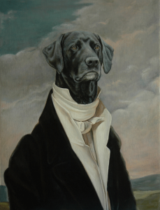 Portrait of a dog in a 17th C gentleman's clothing