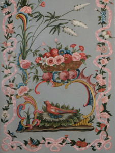 Chinoiserie style decorative wall painting with nesting birds - detail