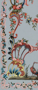 Decorative chinoiserie wall painting,featuring Spoonbill waterfowl and a Chinese pavilion - corner detail