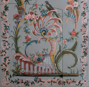 Chinoiserie style decorative wall painting with a brown bird - detail