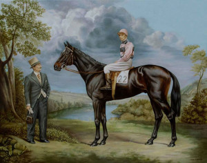 Portrait of Tom Walls and April the Fifth, with jockey Freddie Lane