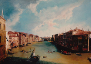 This is an oil painting copy of The Grand Canal from Balbi Palace to Rialto Bridge by Canaletto