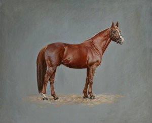 Oil painting portrait of a chestnut Westphalian horse set against a grey background, on canvas, 66 x 54 cm