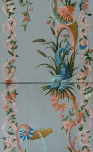 Chinoiserie style decorative wall painting featuring a fish and a duck - detail