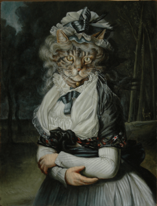 This is a portrait of a cat on an 18th C costume