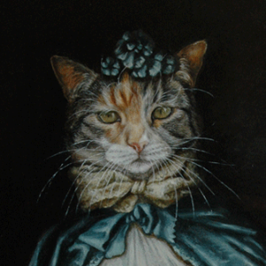 This is a portrait of a cat on an early 18th C costume